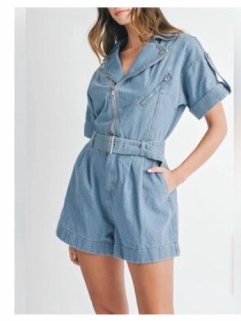 Denim Short Sleeve Belted Romper - Light Blue - Picture 3 of 3